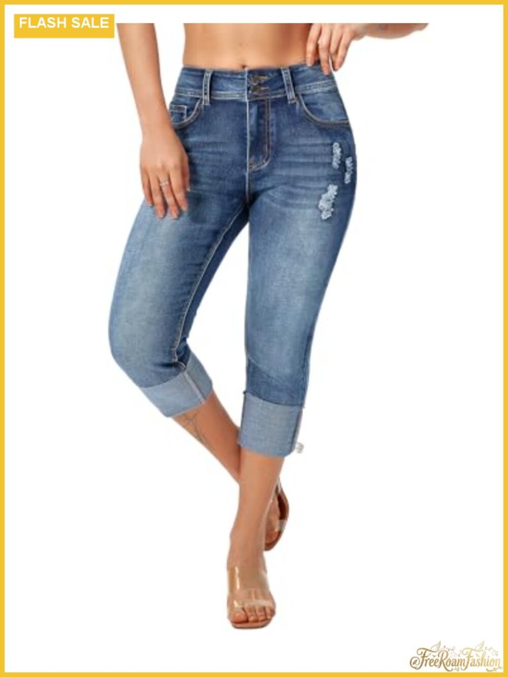Women's Cuffed Skinny Capri Jeans Distressed Stretch Denim Pants Mid-Rise,